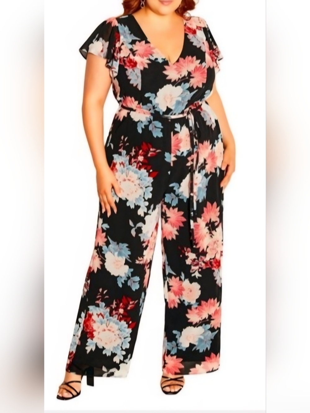 City Chic Summer Floral Belted Jumpsuit Black Summer Flirt Womens 16 NWT NEW